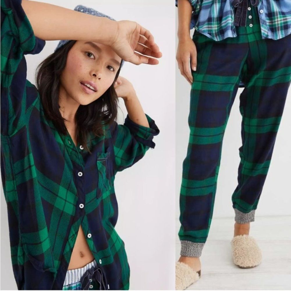 aerie Plaid Flannel matching Pajama set - Green/Black, Size Small Medium